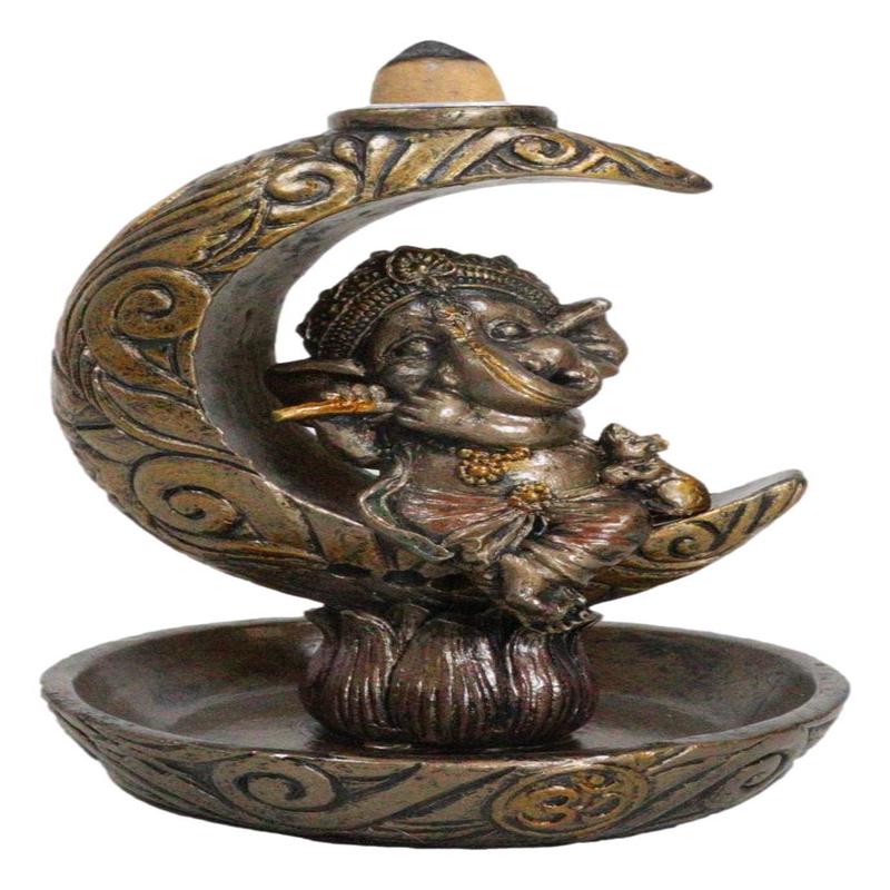 Hindu God Baby Ganesha Playing Flute On Crescent Moon Backflow Incense Burner