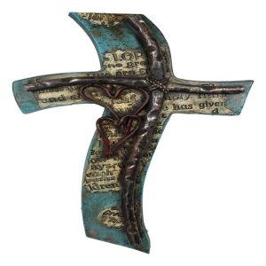 Inspirational Turquoise Double Heart Layered Artistic Fluid Curved Wall Cross