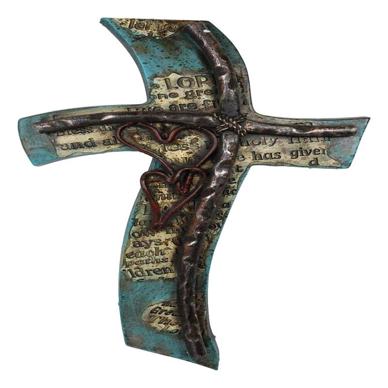 Inspirational Turquoise Double Heart Layered Artistic Fluid Curved Wall Cross