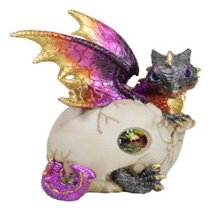 Iridescent Purple And Gold Baby Dragon In Egg Shell With Gemstone Figurine