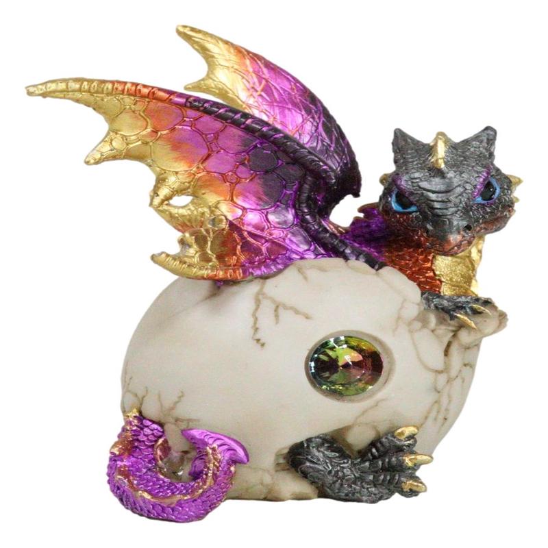Iridescent Purple And Gold Baby Dragon In Egg Shell With Gemstone Figurine