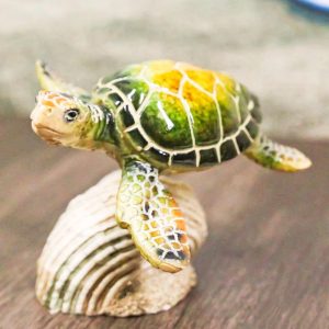 Marine Green Sea Turtle Swimming Over Partridge Tun Shell Spring Bobble Figurine