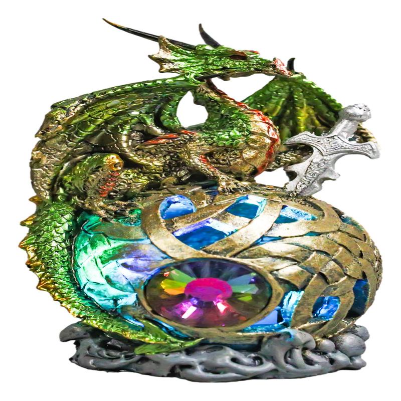 Metallic Green Treasure Dragon Perching On Colorful LED Orb Night Light Figurine