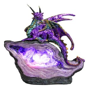 Metallic Purple Midnight Dragon On LED Light Faux Geode Crystal Rock Figurine