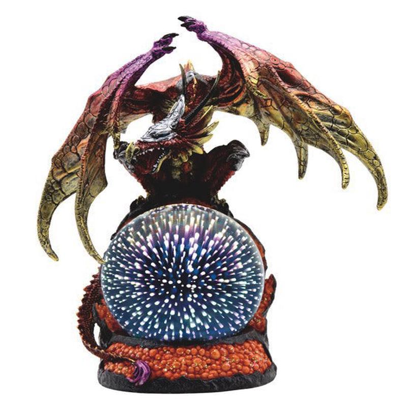 Metallic Red Gold Armored Dragon On Volcano Lava Rock With LED Optic Ball Statue