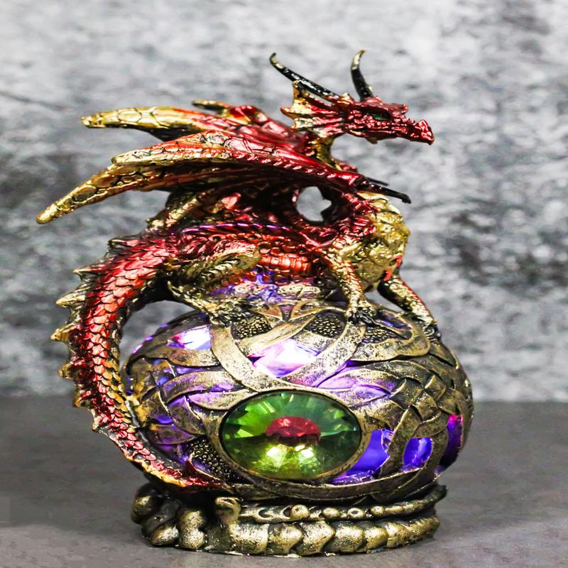 Metallic Red Volcano Dragon Perching On Colorful LED Orb Night Light Figurine