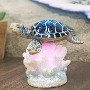 Ocean Marine Blue Giant Sea Turtle Swimming Over LED Light Coral Reef Figurine