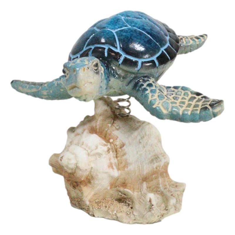 Ocean Marine Blue Sea Turtle Swimming Over Conch Shell Spring Bobble Figurine