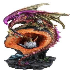 Pink Gold Dragon On Faux Crystal Orange Rock Geode With Hatchling Egg Figurine