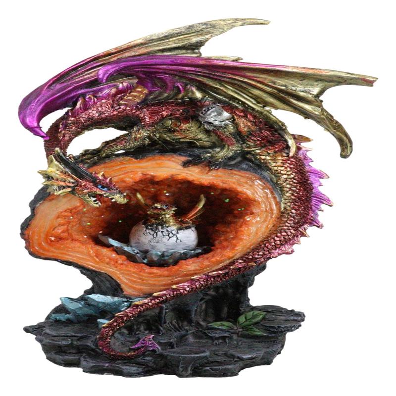 Pink Gold Dragon On Faux Crystal Orange Rock Geode With Hatchling Egg Figurine