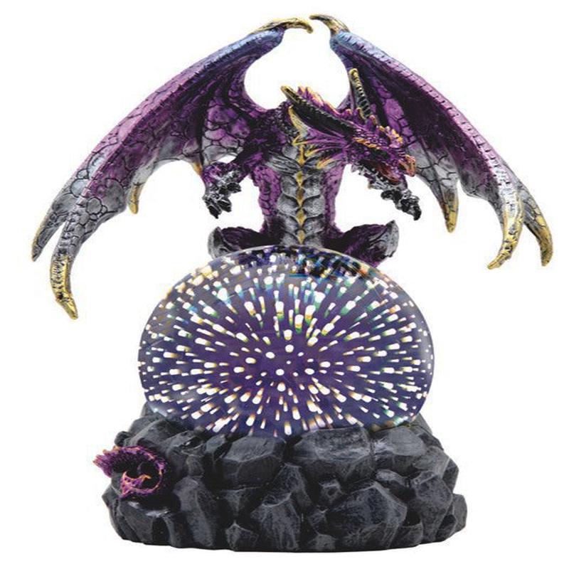Purple Silver Gold Wyvern Dragon On Rocky Cliff With LED Optic Ball Figurine