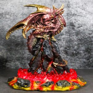 Red and Gold Dragon Standing On Volcano Mountain With LED Lava Base Figurine