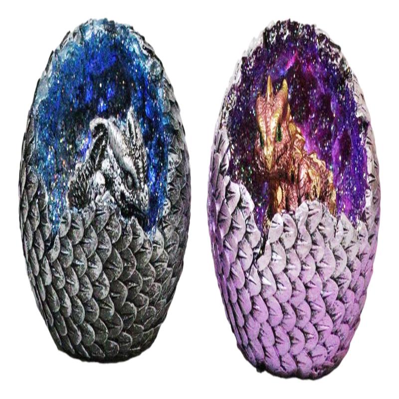 Set of 2 Galaxy Space Baby Dragons In LED Light Faux Geode Quartz Eggs Figurines