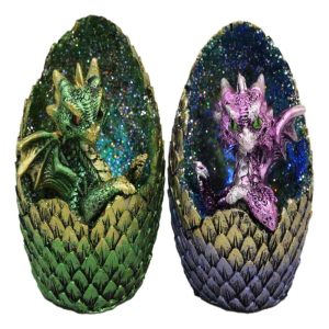 Set of 2 Green And Pink Baby Dragons In LED Faux Geode Eggs With Dragon Scales