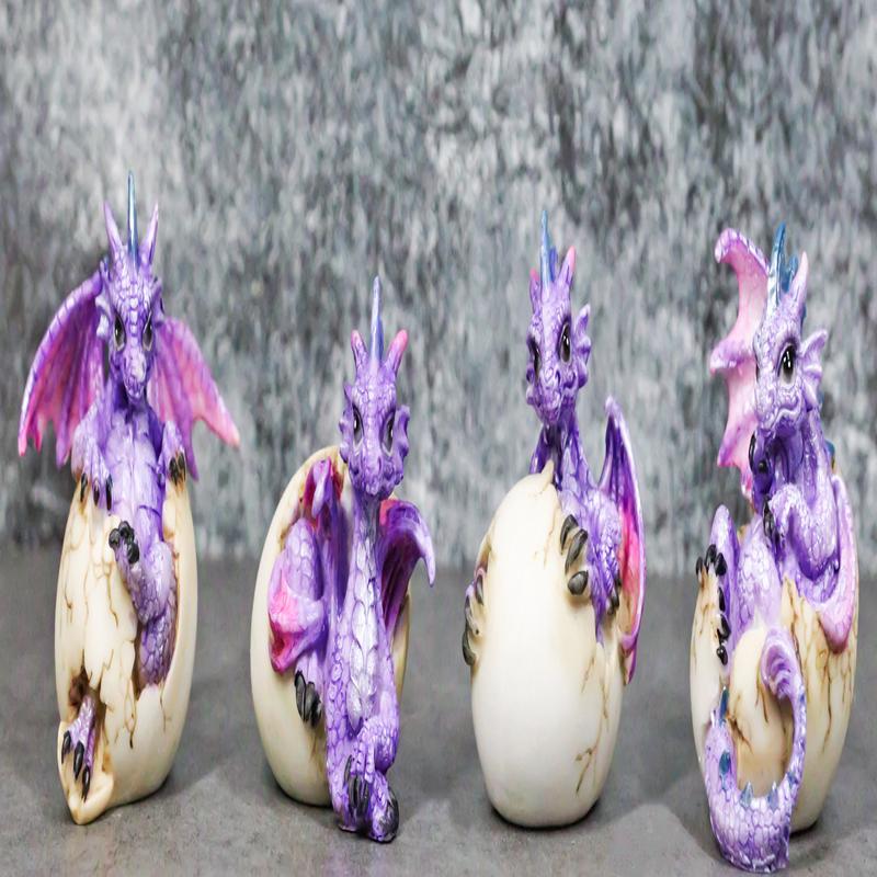 Set Of 4 Purple Spyro Baby Dragon Hatchlings Breaking Out Of Eggs Figurines