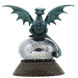 Teal Monarch Dragon Perching On LED Optic Plasma Ball With Battlement Wall Base