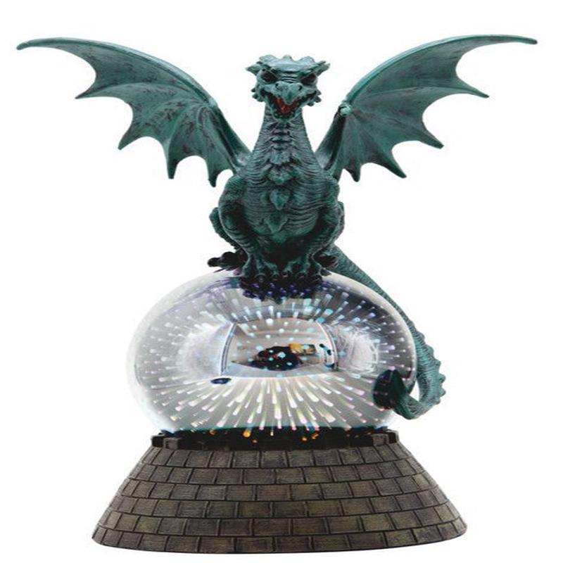 Teal Monarch Dragon Perching On LED Optic Plasma Ball With Battlement Wall Base