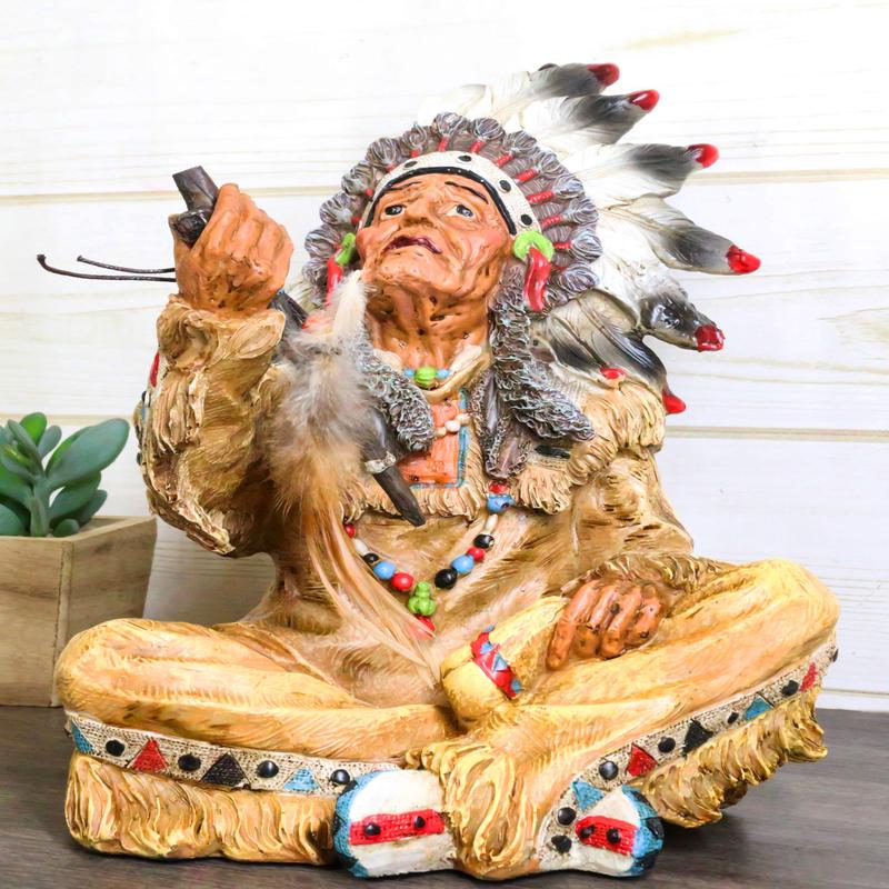 Tribal Indian Tribal Chief With Headdress Roach Smoking Peace Pipe Figurine