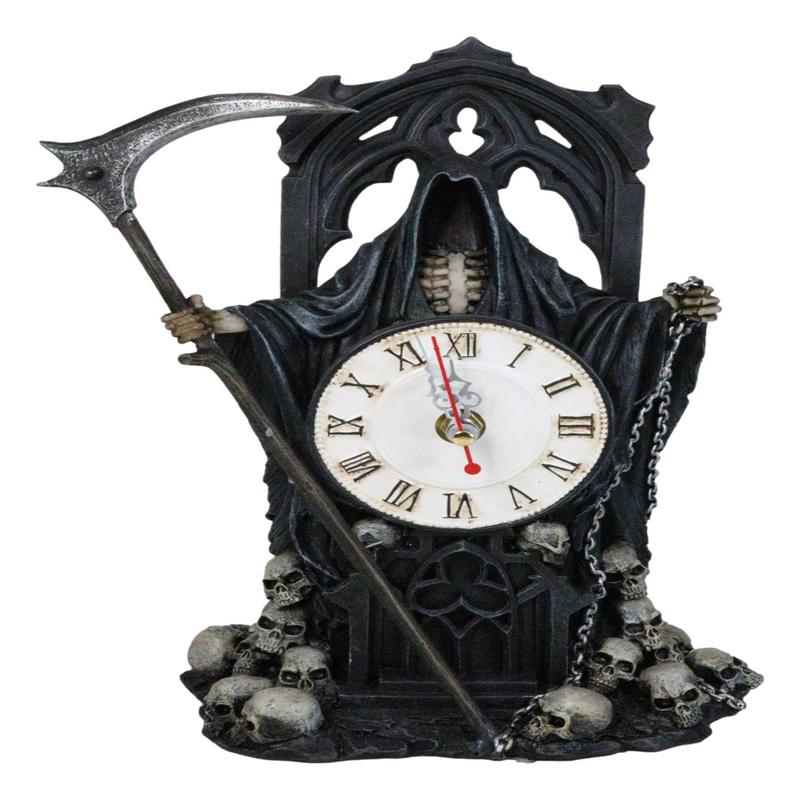 Black Death Grim Reaper With Scythe Time Waits For No Man Table Clock Figurine