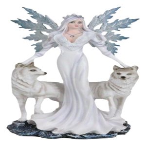 Crowned Fairy Queen in Snow White Gown Accompanied by Arctic Wolves Figurine