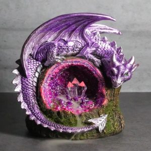 Fantasy Purple Moon Crater Dragon On Faux Geode Crystal Cove LED Light Figurine