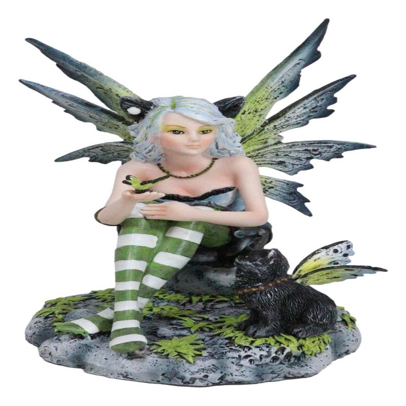 Feline Fairy In Green White Striped Leggings With Black Fae Winged Cat Figurine