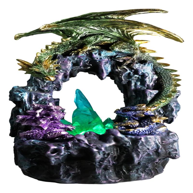Green And Gold Dragon Guarding Faux Geode Rock Arch With LED Crystals Figurine