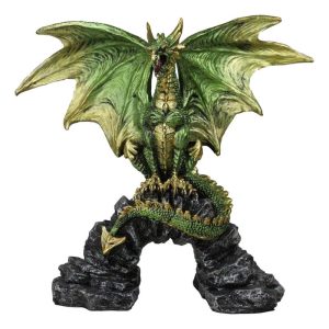 Green And Gold Scales Behemoth Dragon Perching On Ancient Rock Arch Figurine