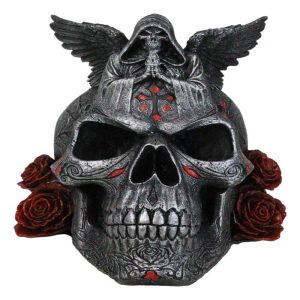 Grim Reaper Skeleton Angel Of Death Praying On Tribal Skull Red Roses Figurine