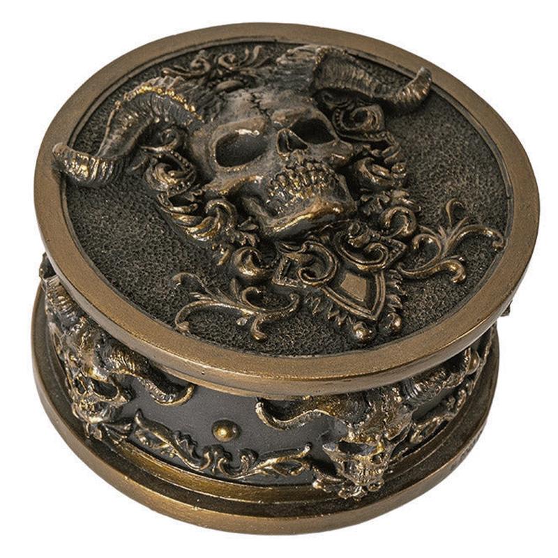 Hell Imp Horned Demon Skull Skeleton Floral Tooled Round Decorative Jewelry Box
