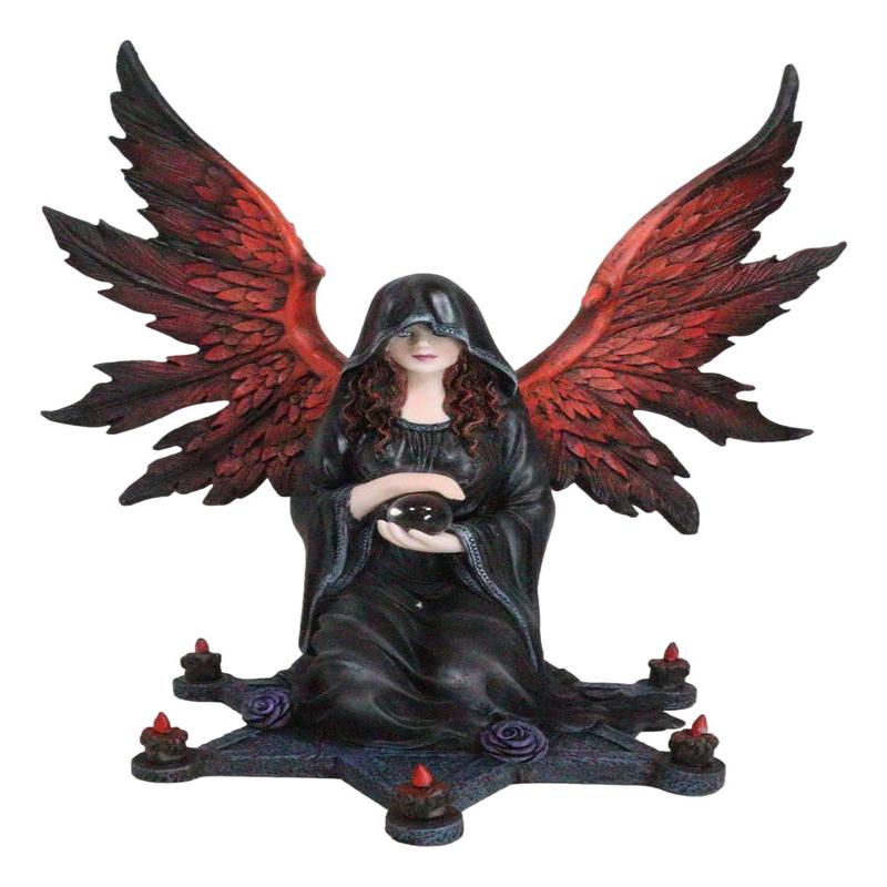 Hooded Cloak Dark Angel On Pentagram Ritual Floor Holding Crystal Ball Figurine