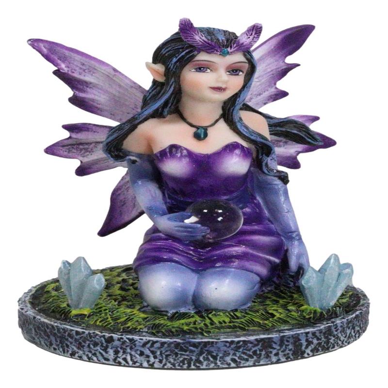 Kneeling Purple Lavender Night Fairy With Crystal Ball On Garden Mini Figurine