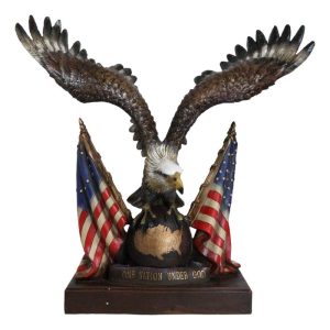 Large 20"H Bald Eagle On Globe With American Flags One Nation Under God Statue