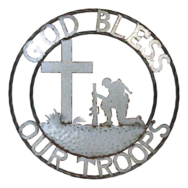 Large 24"D Rustic Western God Bless Our Troops Sign Metal Circle Wall Decor