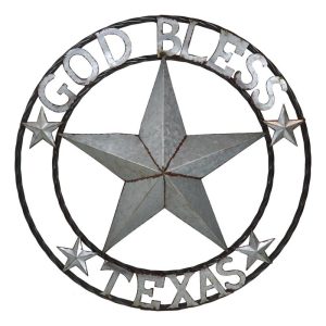 Large 24"D Rustic Western Star God Bless Texas Galvanized Metal Wall Circle Sign