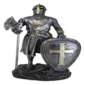 Medieval Suit Of Armor Crusader Knight With Axe And Large Shield Figurine