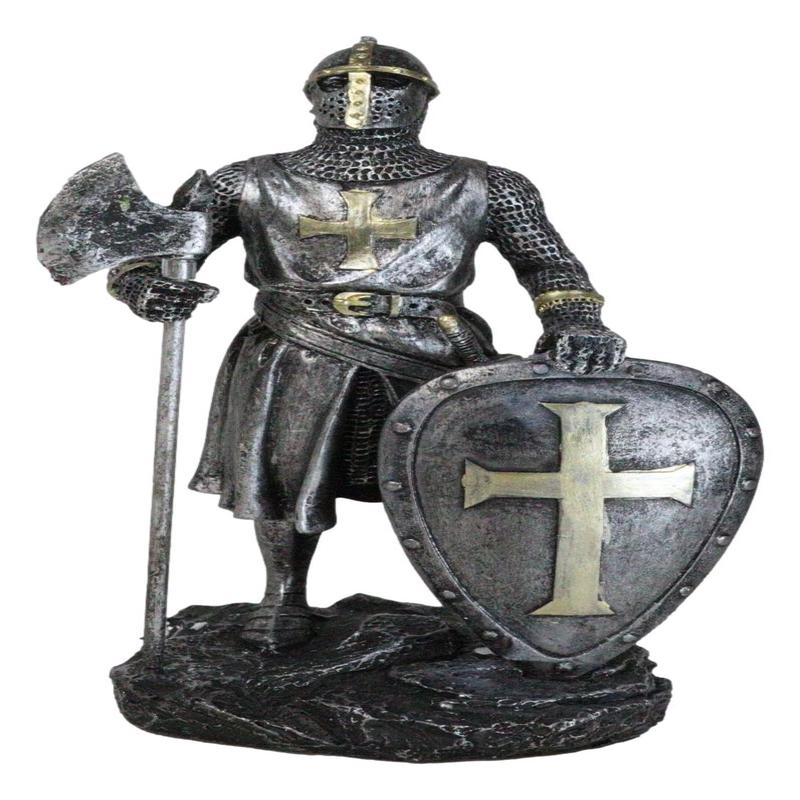 Medieval Suit Of Armor Crusader Knight With Axe And Large Shield Figurine