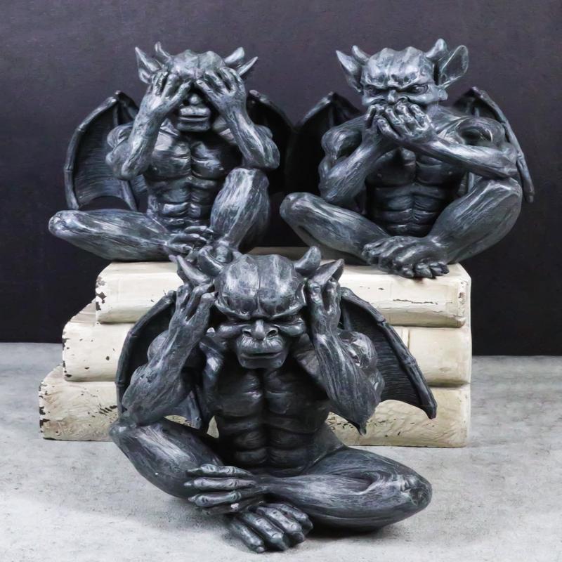 Notre Dame Gothic Winged See hear Speak No Evil Sitting Gargoyles Figurine Set