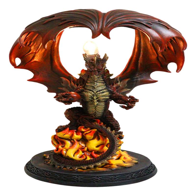 Red Hell Fire Flame Volcano Dragon Table Lamp With Towering Canopy Wings Statue