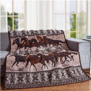 Rustic Western Horse Valley Herd Navajo Vectors Cozy Plush Quilted Throw Blanket