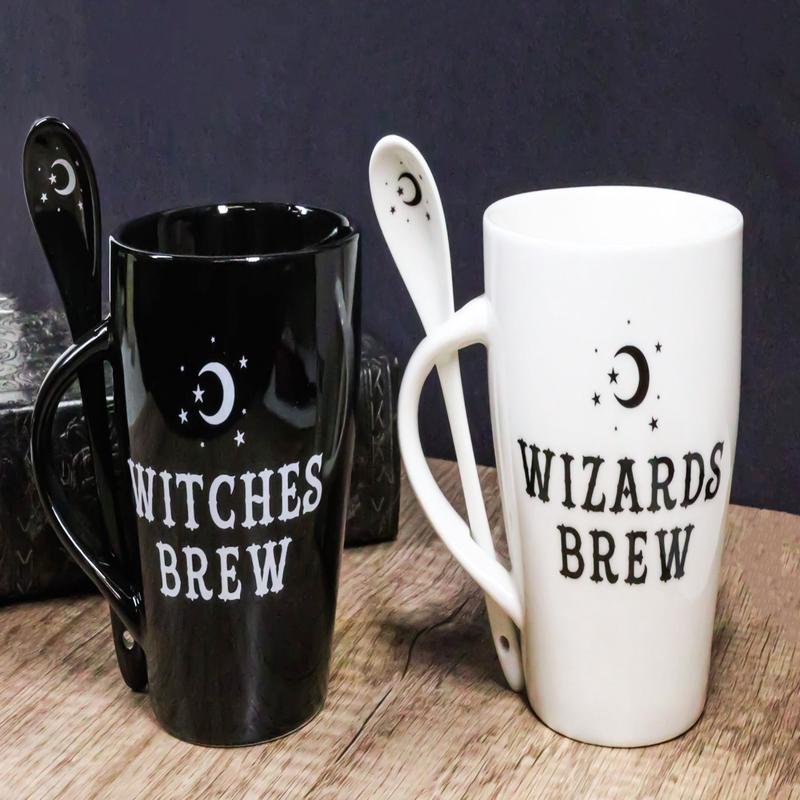 Set Of 2 Wicca Moons Black Witches And White Wizards Brew Cup Mugs And Spoons