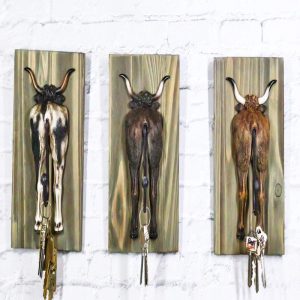 Set of 3 Rustic Western Steer Bulls Hind Butt Coat Wall Hooks With Wooden Plaque