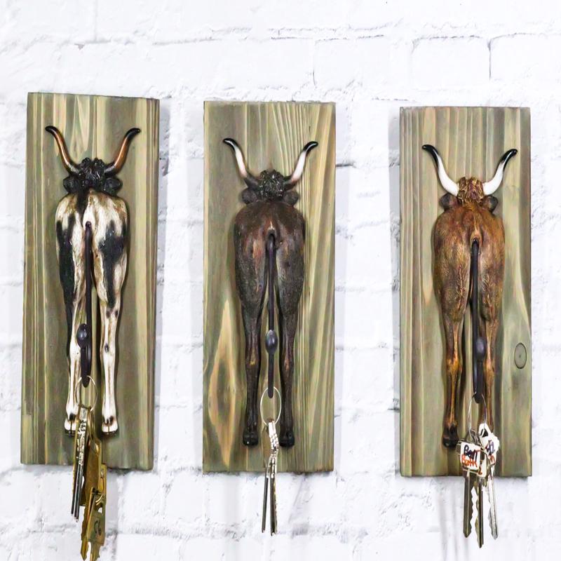 Set of 3 Rustic Western Steer Bulls Hind Butt Coat Wall Hooks With Wooden Plaque