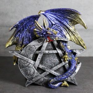 Sky Behemoth Blue And Gold Dragon Guarding Crescent Moon Pentagram Star Figurine