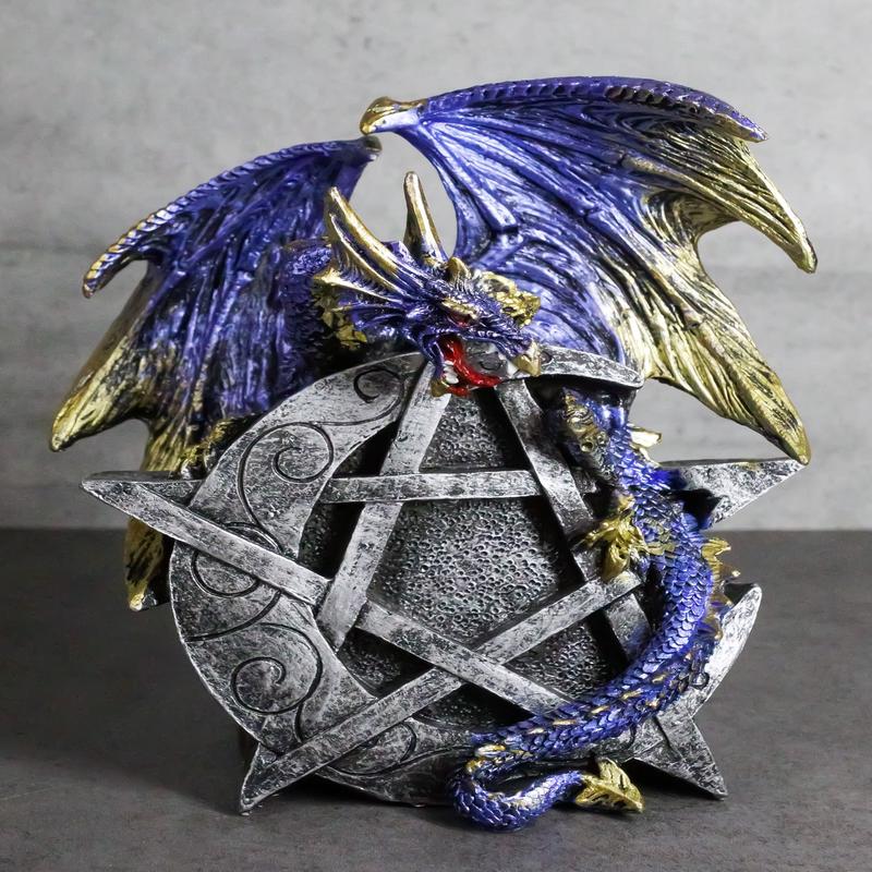 Sky Behemoth Blue And Gold Dragon Guarding Crescent Moon Pentagram Star Figurine