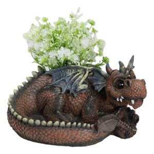 Snuggling Cozy Red Fire Dragon At Rest Planter Pot Garden Decor Figurine 11.25"L
