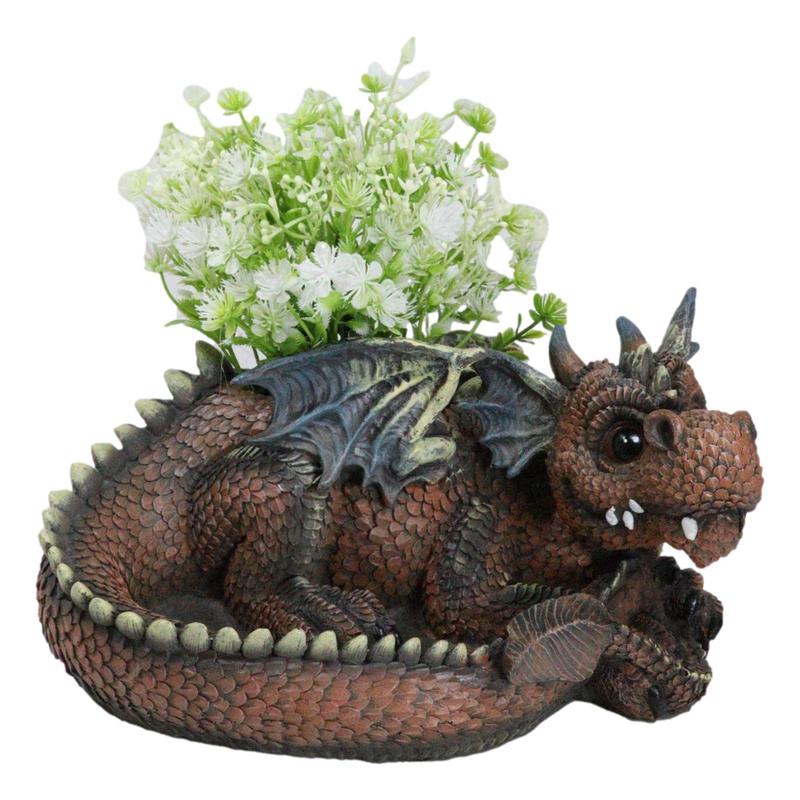 Snuggling Cozy Red Fire Dragon At Rest Planter Pot Garden Decor Figurine 11.25"L