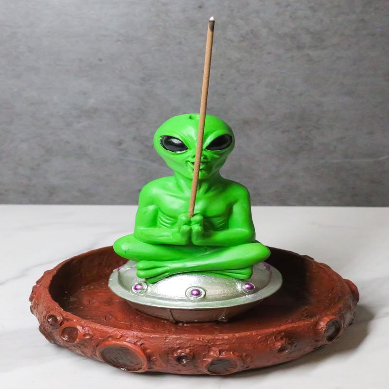 UFO Green Alien In Spaceship Saucer Moon Crater Backflow Incense & Stick Burner