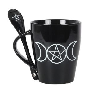 Wicca Sacred Triple Moon Pentagram Circle Ceramic Mug And Pentacle Spoon Set