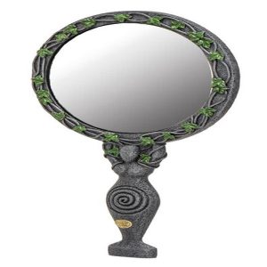 Wicca Triple Moon Spiral Goddess with Magical Ivy Leaves Sculptural Hand Mirror